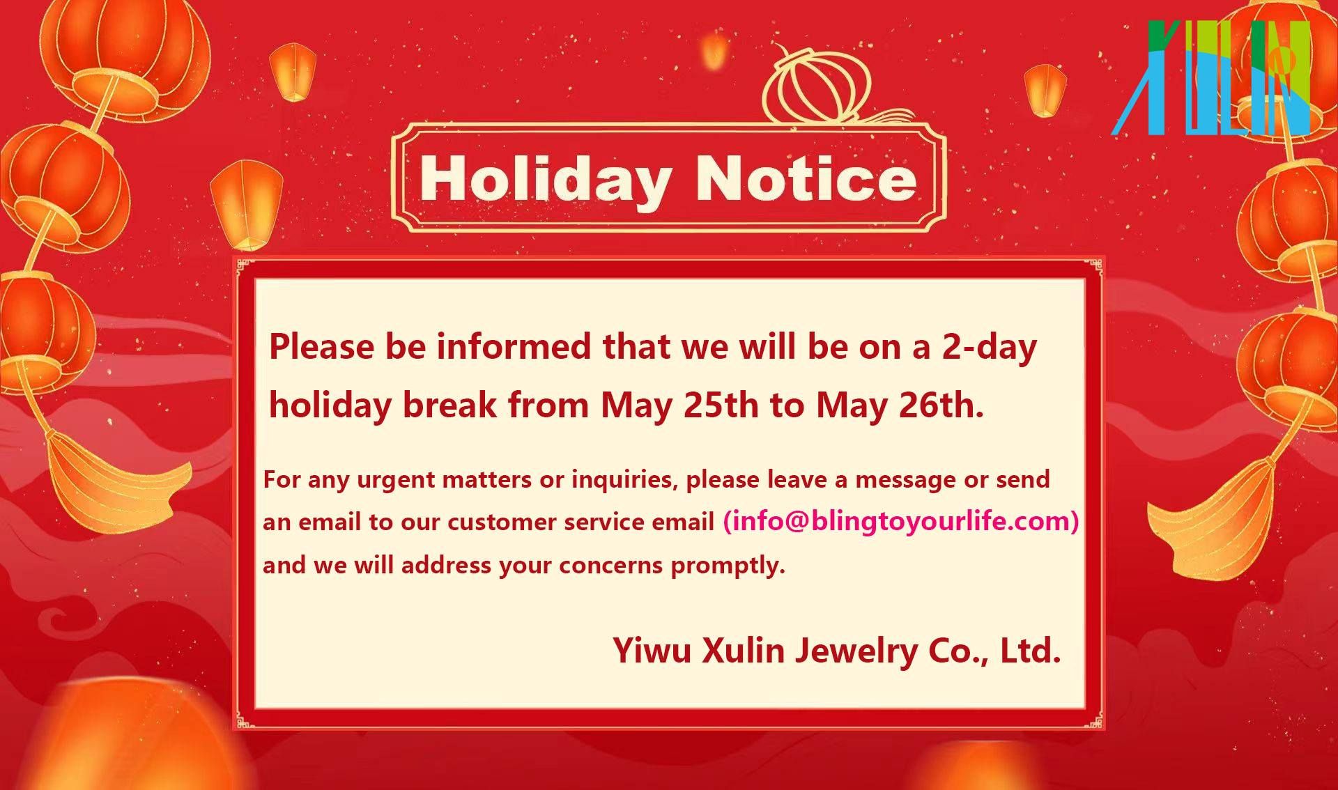 Holiday notice,Dear Xulin Rhinestone Cus