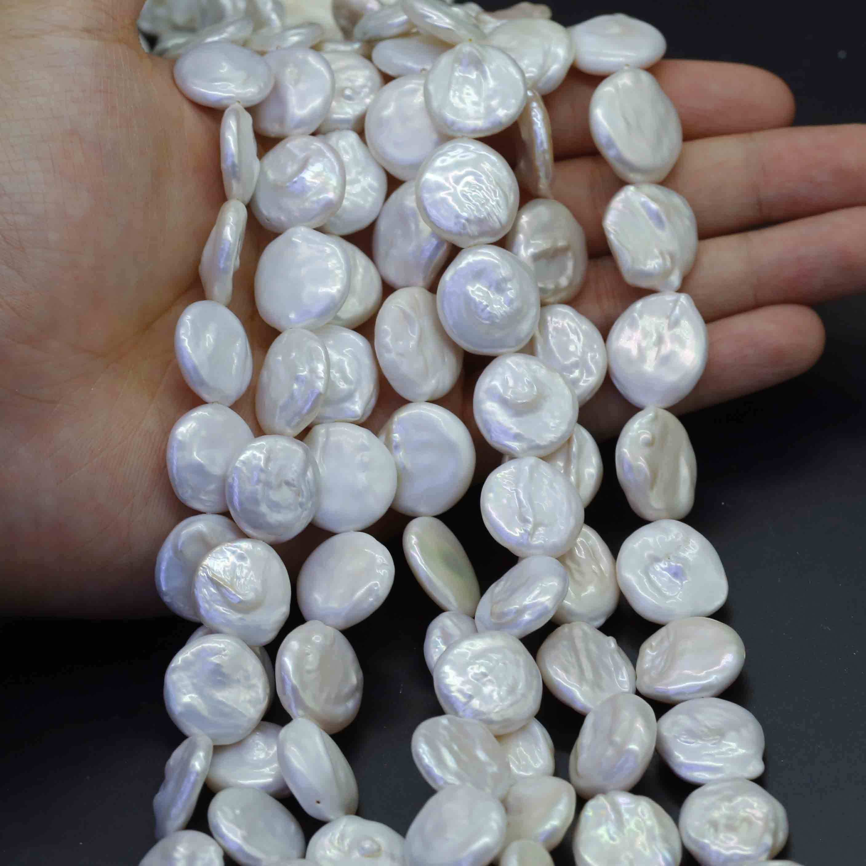 Xulin Multiple Sizes 10/12/16-18mm White Button Shape  Freshwater Pearls Two Side Luster Strands Who